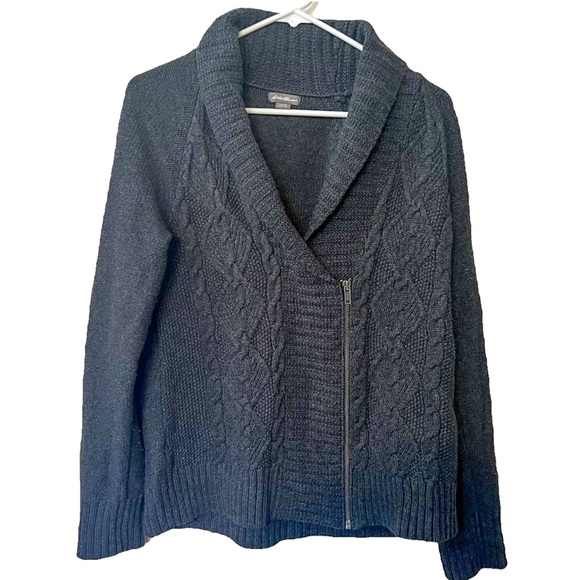 Eddie Bauer Sweaters - Eddie Bauer charcoal grey cable knit moto zip-up cardigan, cotton blend, large.